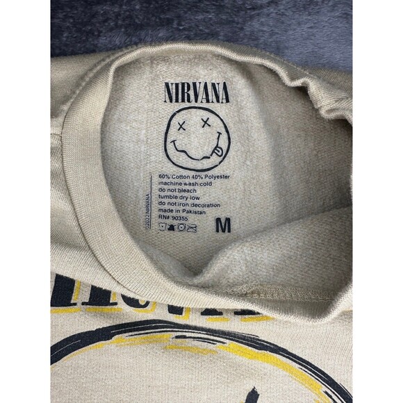 Nirvana Smiley Face Sweatshirt Medium Beige Band Logo Crewneck 2022 Licensed - Picture 3 of 6